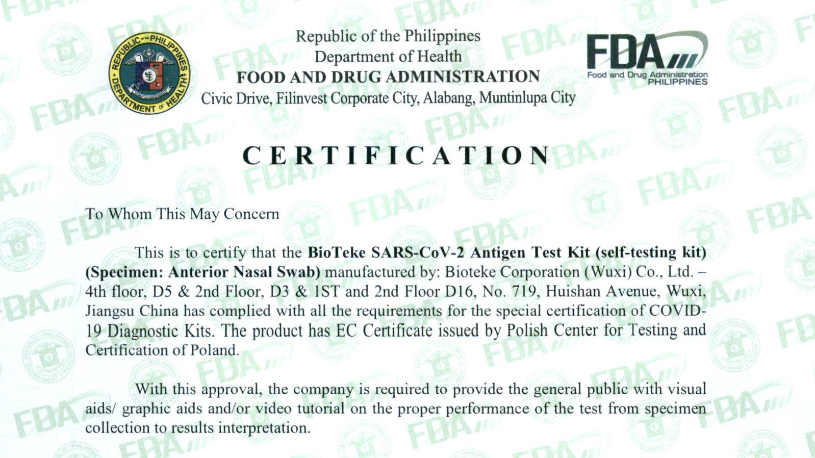 A new certification！BioTeke has got Philippines FDA certification!